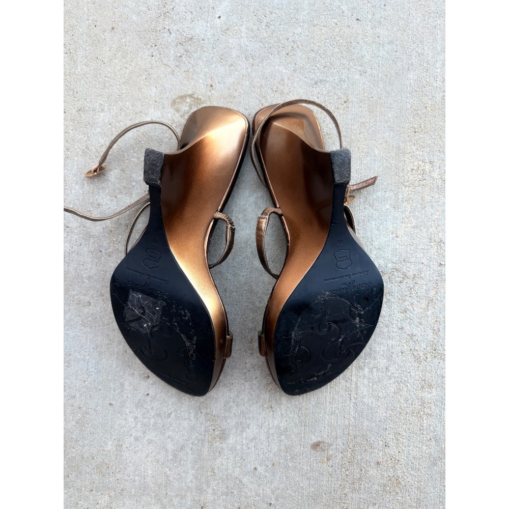 Y2K Grail Baby Phat Metallic Bronze Rhinestone Cat Logo Wedge Sandals Heels 7 - Picture 5 of 5